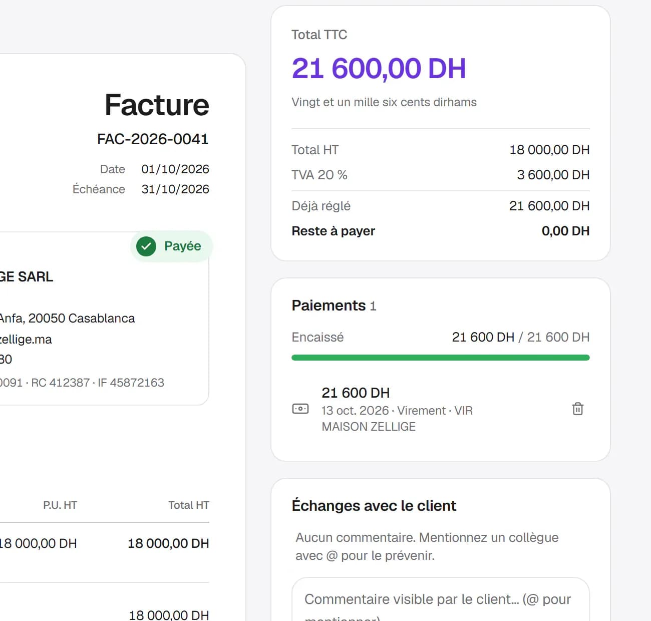Gros plan de la facture FAC-2026-0041 pour Maison Zellige, payée : 21 600,00 DH TTC dont TVA 20 %, et le paiement reçu par virement.