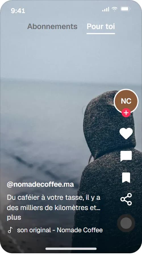 Aperçu TikTok d'un reel de Nomade Coffee dans l'éditeur de post.