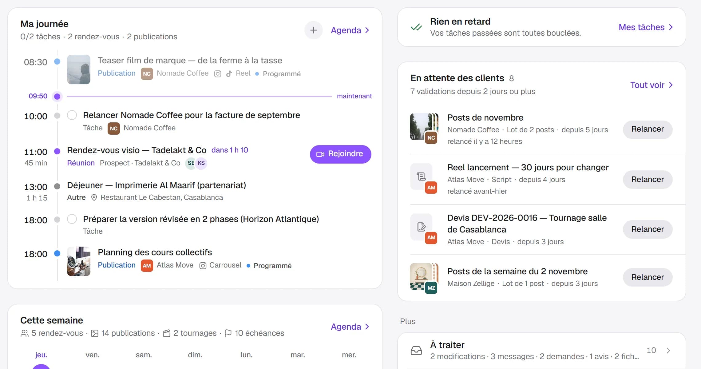 Gros plan de l'écran Aujourd'hui : la journée de Karim heure par heure, rien en retard, et les validations attendues chez les clients avec leur bouton Relancer.