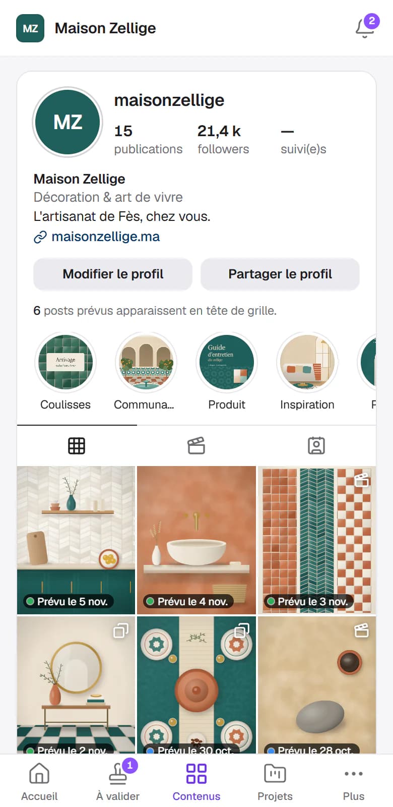 Aperçu du fil de l'espace client sur téléphone : le profil Instagram de Maison Zellige, ses temps forts et les 6 prochains posts déjà placés dans la grille avec leur date prévue.