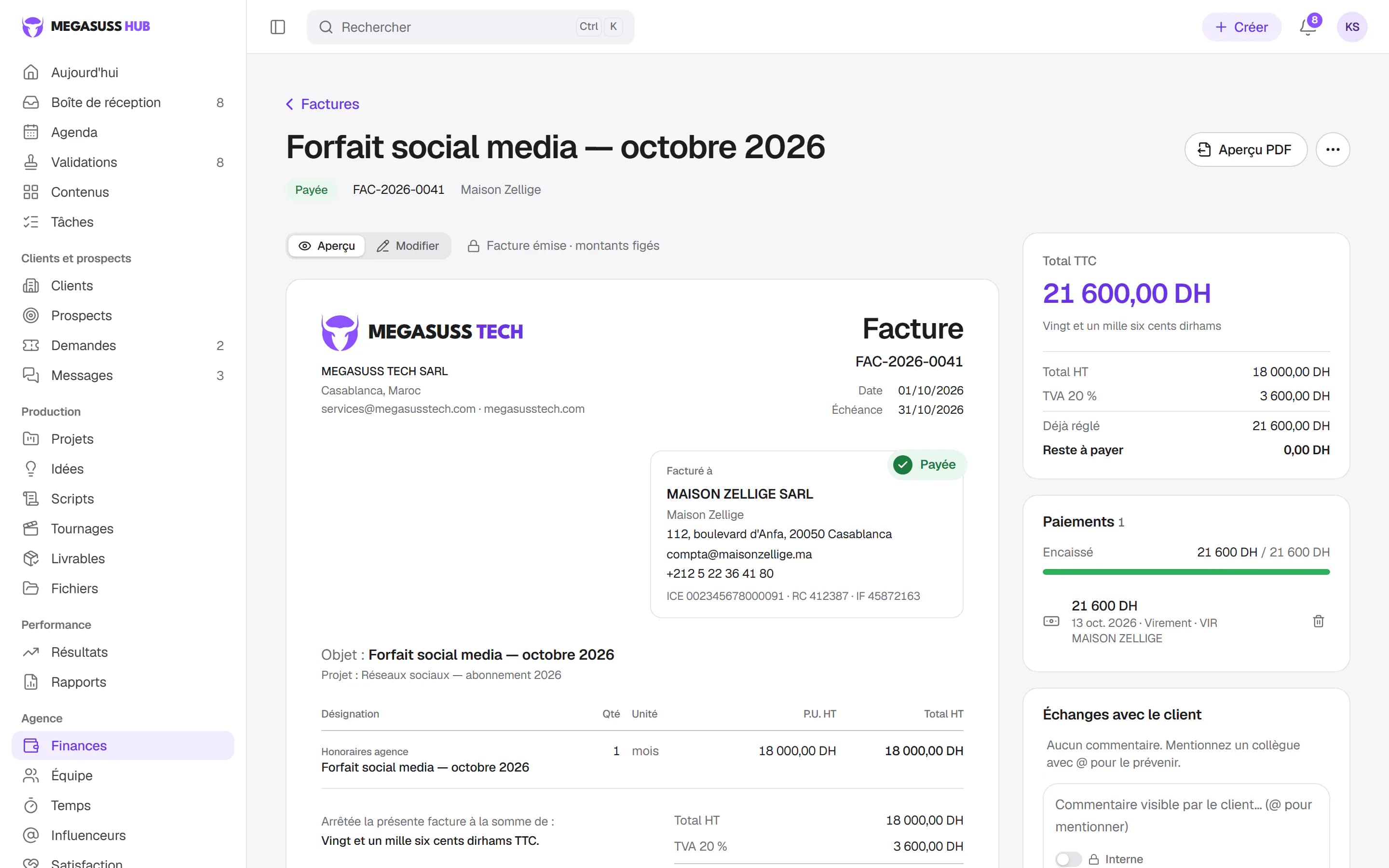 Facture FAC-2026-0041 pour Maison Zellige en aperçu, marquée payée, avec le total TTC, la TVA de 20 % et le paiement reçu par virement.