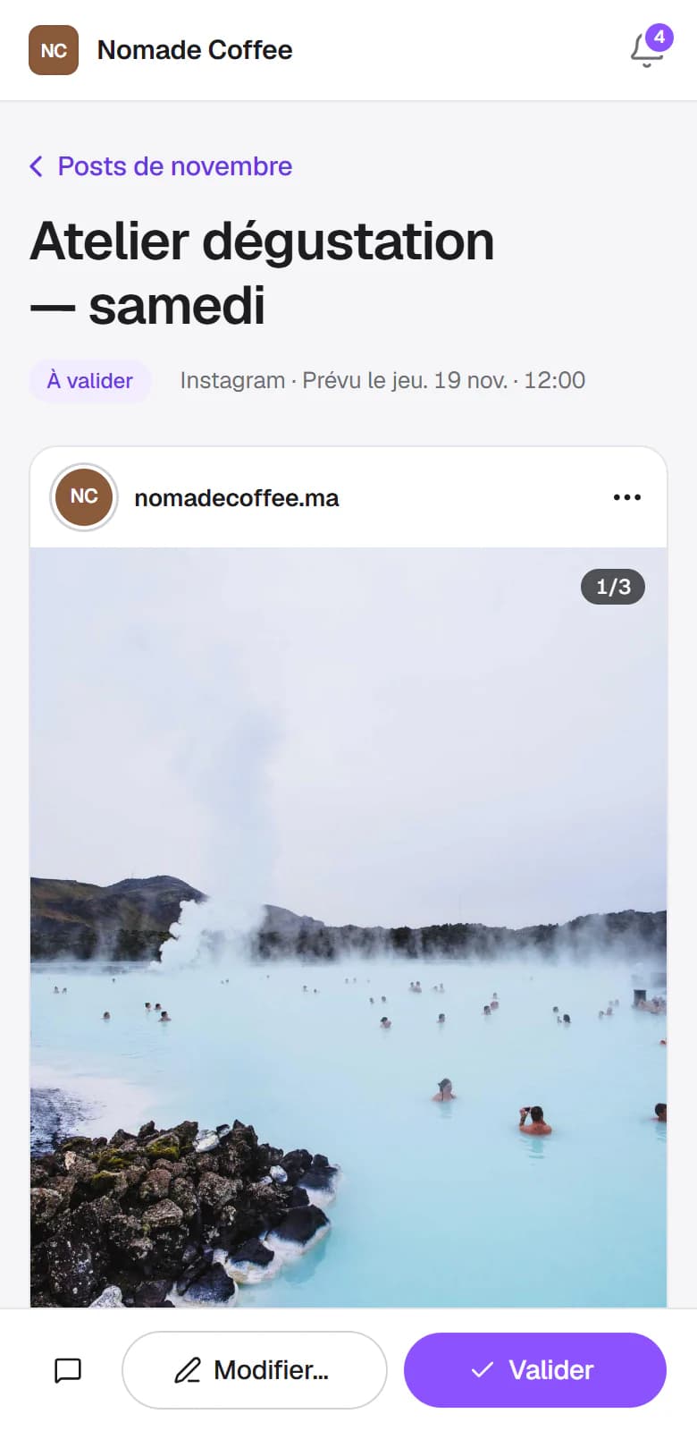 Carrousel Instagram à valider sur téléphone, aperçu fidèle au fil Instagram, avec les boutons Modifier et Valider.