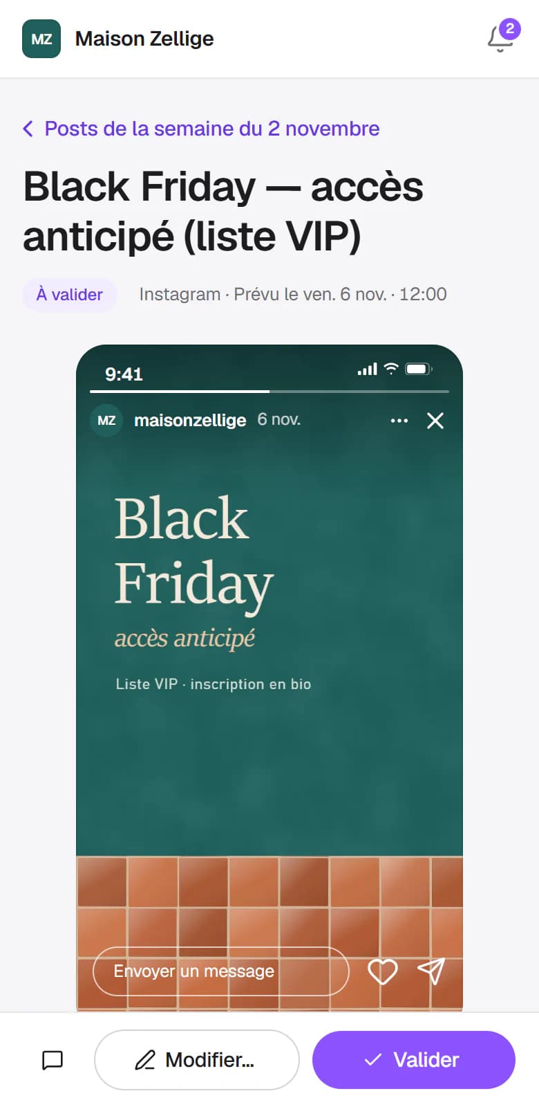 Story Instagram à valider sur téléphone, présentée comme dans l'application, avec les boutons Modifier et Valider.
