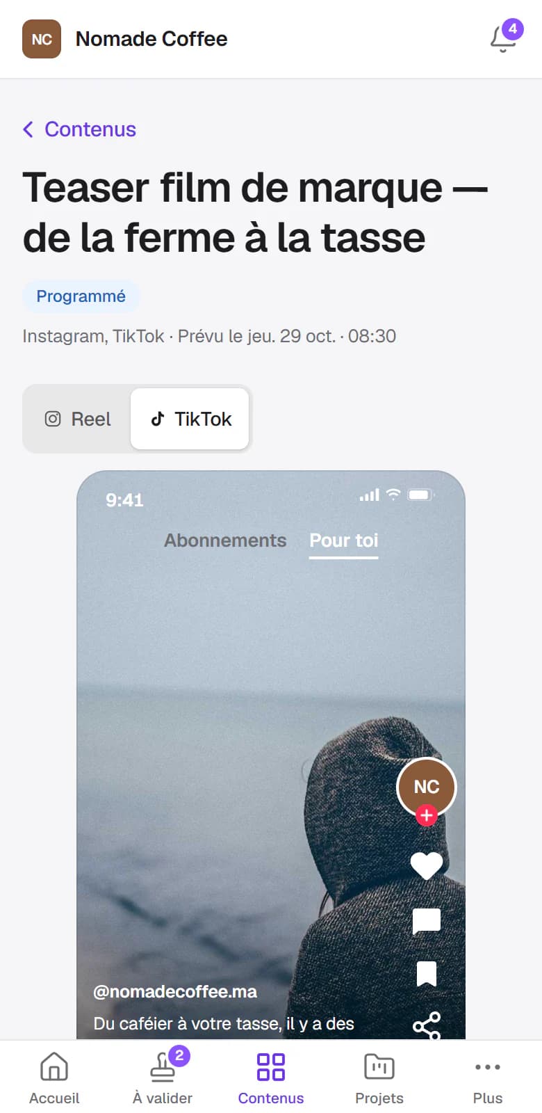 Aperçu TikTok d'un reel dans l'espace client sur téléphone, avec le choix entre la version Instagram et la version TikTok.