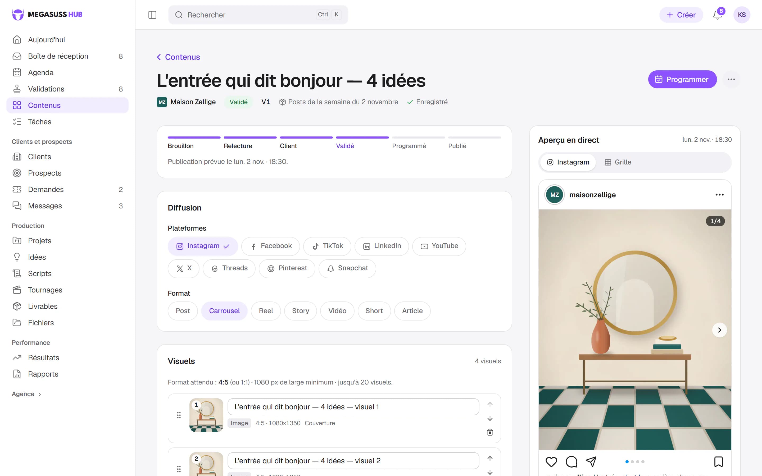 Éditeur de post : étapes de validation, choix des plateformes et du format, visuels du carrousel et aperçu Instagram en direct.