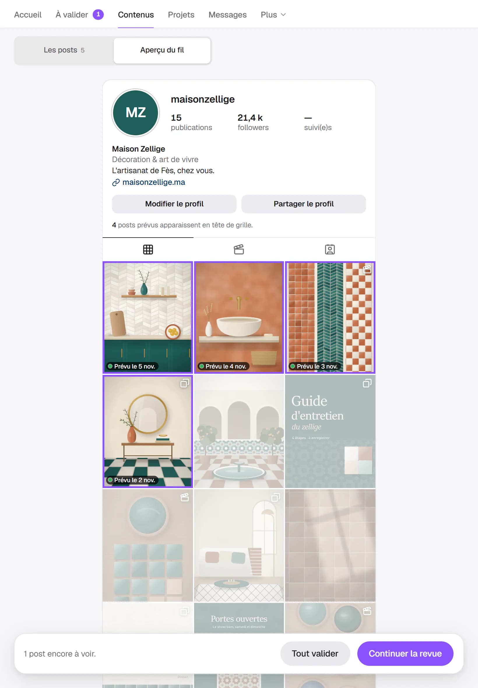 Aperçu du fil d'un lot à valider sur tablette, côté client : le profil Instagram de Maison Zellige et les 4 posts du lot, encadrés en violet, en tête de grille avant les publications déjà en ligne.
